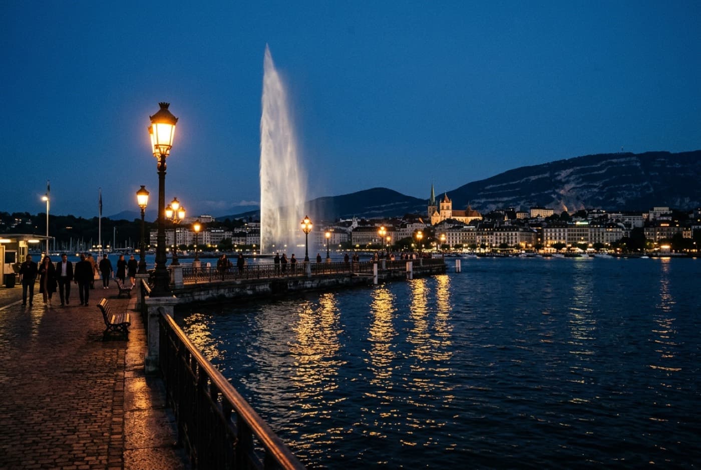 Lake Geneva at dusk, seen from the quayside