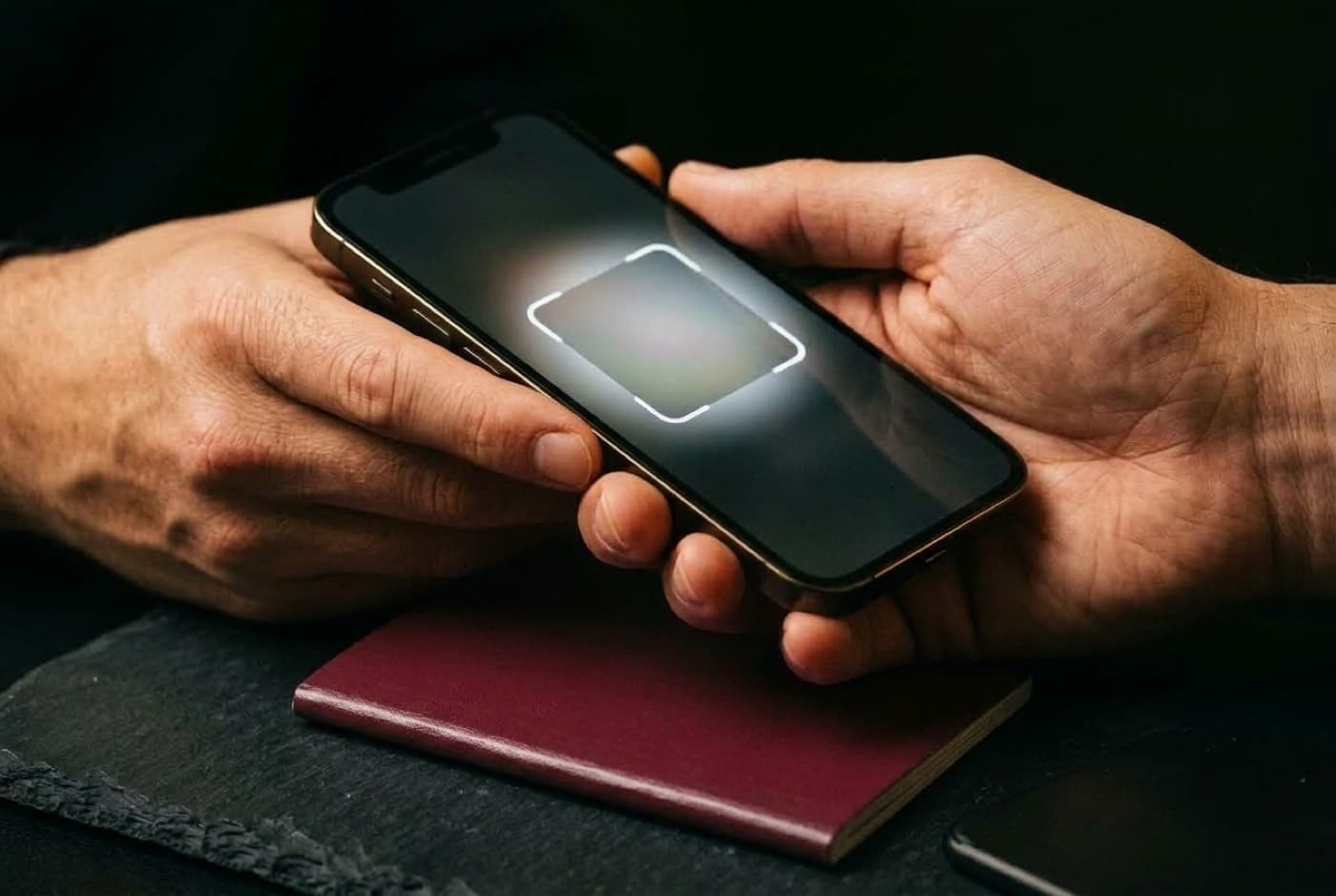 Hands holding a phone during identity verification
